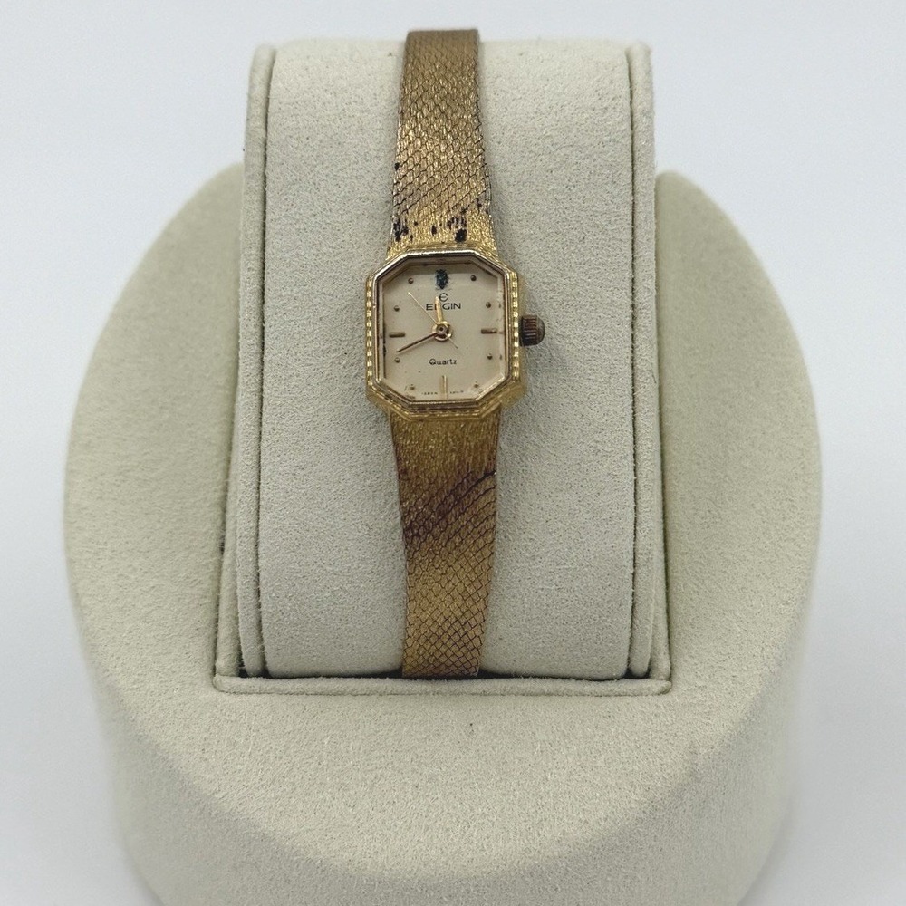 Vintage Elgin Quartz Gold Tone Mesh Band Watch Octagon‎ Case 15.3mm Works